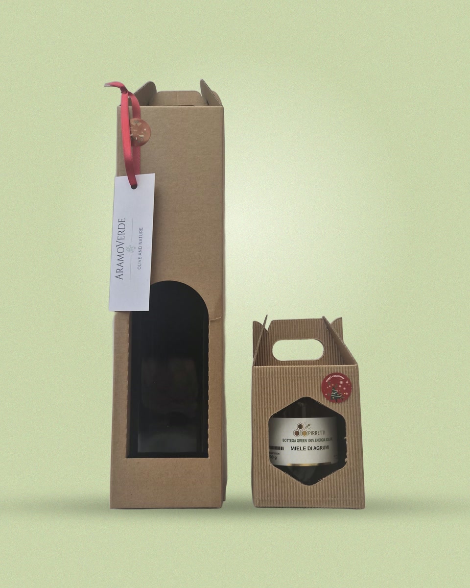 Coffret : huile d’olive et miel dans des boîtes en carton