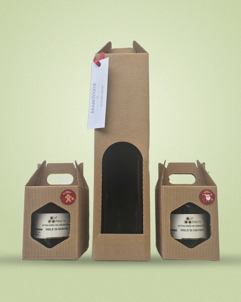 Coffret : huile d’olive et deux miels dans des boîtes en carton